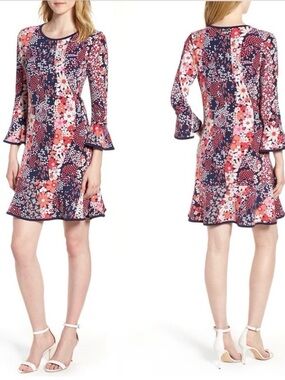 MICHAEL Michael Kors Navy & Pink Floral Bell Sleeve Jersey Sheath Dress Size M